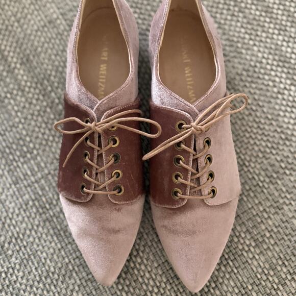 Stuart Weitzman Cello Velvet Lace Up Pointed Toe Oxford Flat Soft Petal Pink 9 - Picture 3 of 7